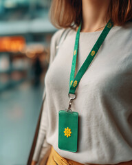Close-up of sunflower lanyard card worn by traveler in airport