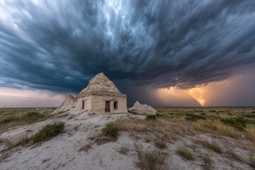 Storm clouds gather over a weathered, small building on a desolate prairie