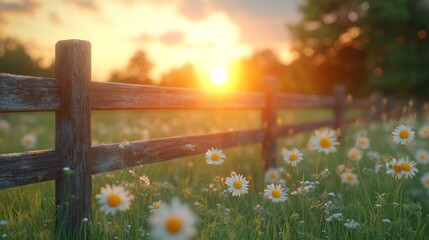 Sunset field, wooden fence, daisies © rista