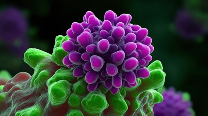 A vibrant, microscopic view of a Nipah virus cellular structure, showcasing intricate details in purple and green colors.