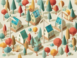 Isometric Eco Village Vector Art: Solar Panel Roof Houses and Wind Farms with Stylized Trees in Positive Color Palette for Sustainable Energy Presentations