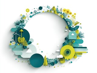 Circular Economy Diagram with Nature Elements: Flat Geometric Design in Teal and Lime for Environmental Reports and White Background Infographics