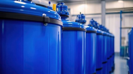 Close-up of blue industrial tanks in a modern facility- showcasing advanced equipment and technology used for storing and processing materials
