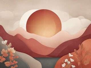 Boho Vector Landscape: Stylized Sun with Solar Panel Texture Over Mountain Scenery in Terracotta and Sage Palette