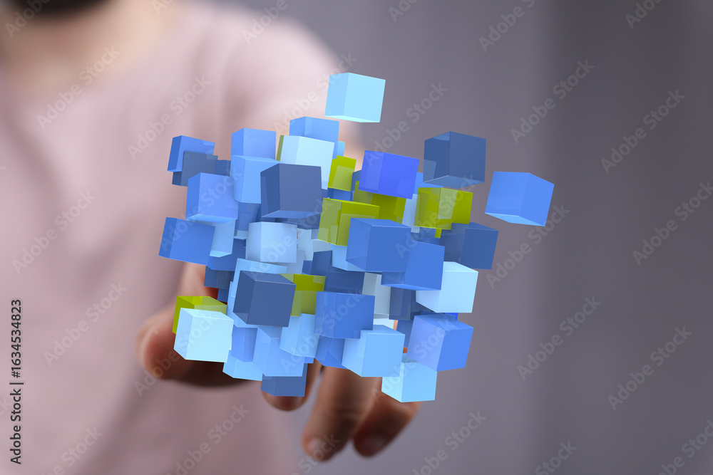 Poster abstract image of data blocks in hand. digital transformation concept.