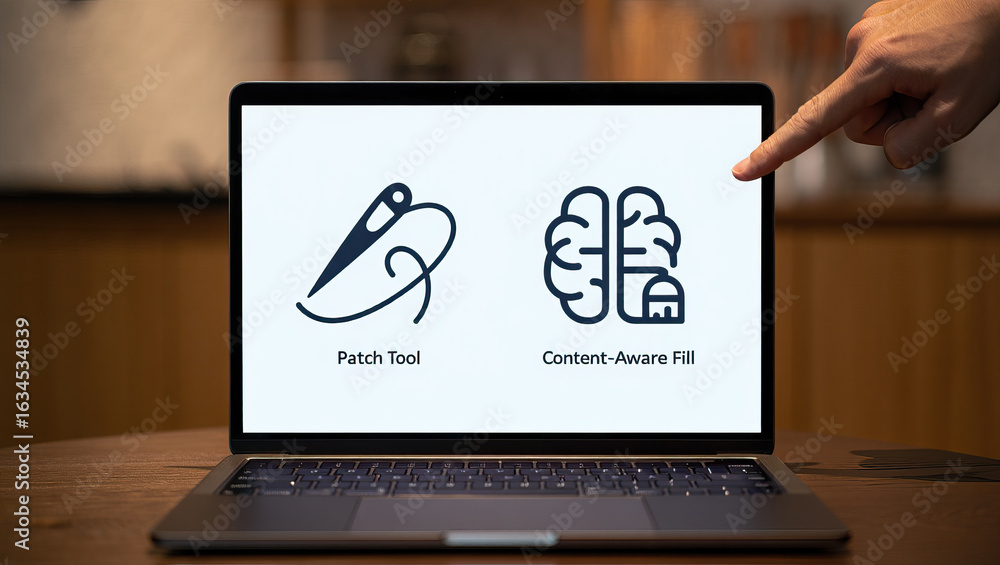 Poster close up of laptop screen displaying patch tool and content aware fill icons with a finger pointing 