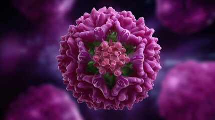 A highly detailed digital rendering of a purple Nipah virus, showcasing intricate structures and textures against a blurred background.
