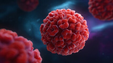 A vibrant, detailed illustration of a Nipah virus, showcasing its intricate structure and red texture against a dark, cosmic background.