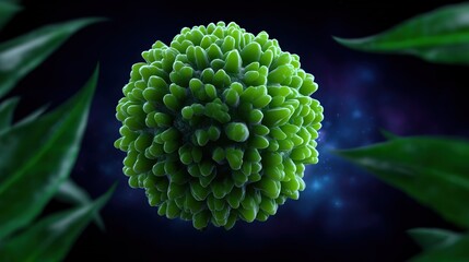A vivid, abstract representation of a Nipah virus green sphere surrounded by leaves, suggesting themes of nature and vitality.