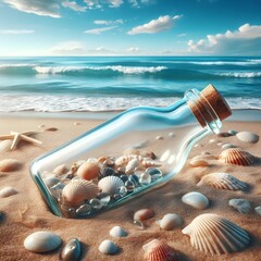 Seashell Collection Inside a Transparent Glass Bottle.