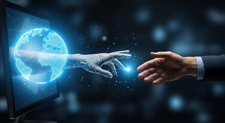 Human hand connecting with artificial intelligence through a digital global network.