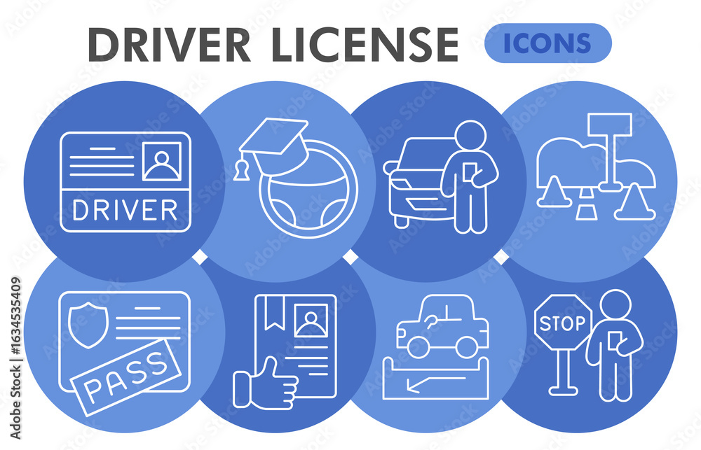 Poster driver license symbols collection or sketches, driving theme bubble with thin line style signs for w