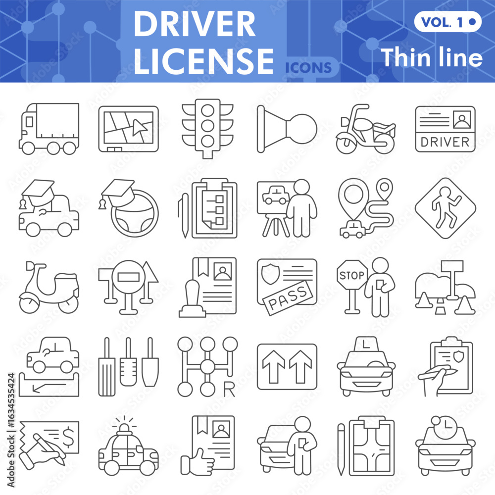 Poster driver license symbols collection or sketches, driving theme bubble with thin line style signs for w