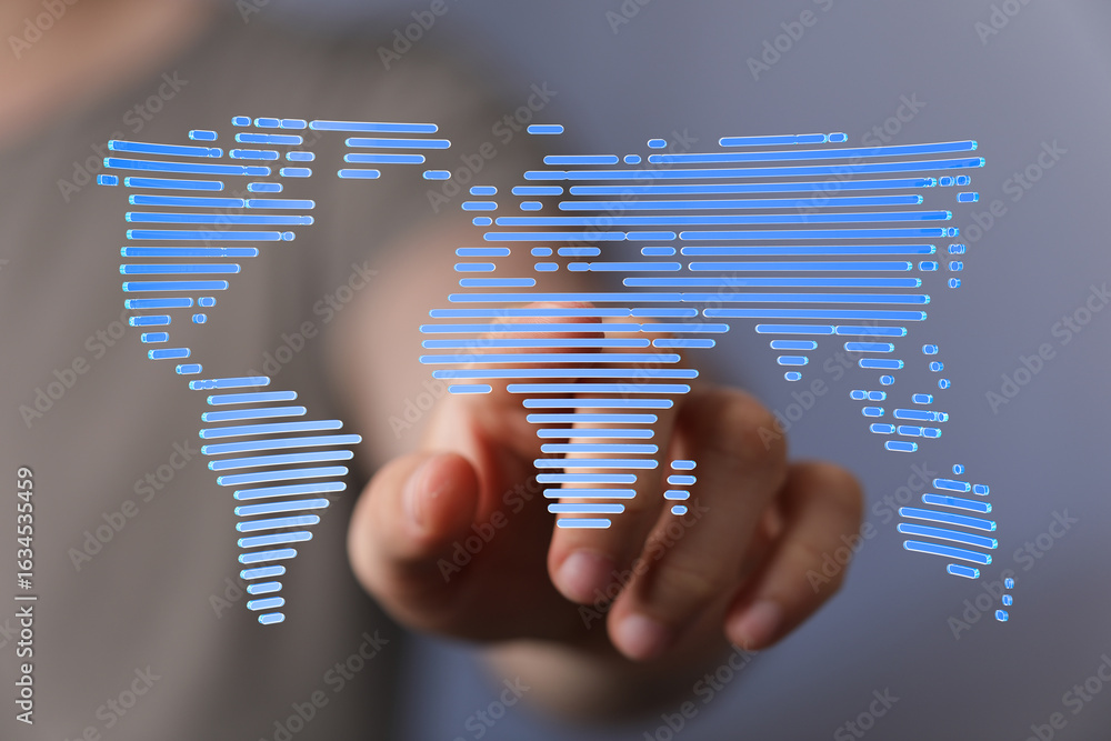 Poster hand interacting with a digital world map, representing global connectivity and networking.