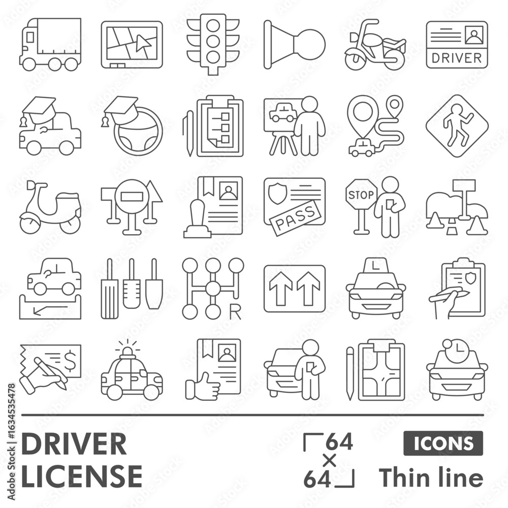 Poster driver license symbols collection or sketches, driving theme bubble with thin line style signs for w