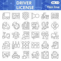 Driver license symbols collection or sketches, driving theme bubble with thin line style signs for web and app. Vector graphics isolated on white background.