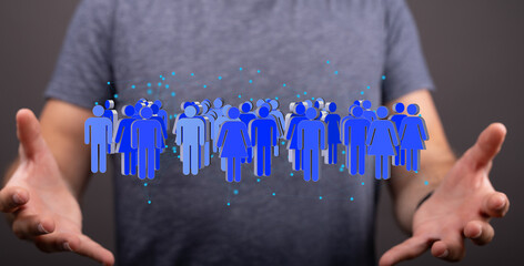 Image of a person presenting a network of blue digital human icons, symbolizing community,...