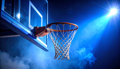 Illuminated Basketball Hoop and Net in a Smoky Arena with Dynamic Blue Lighting Against a Night Backdrop