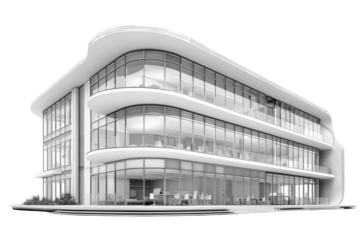 Modern, minimalist office building, grayscale