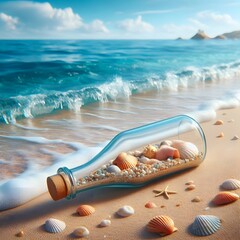 Glass Bottle Filled with Decorative Seashells.