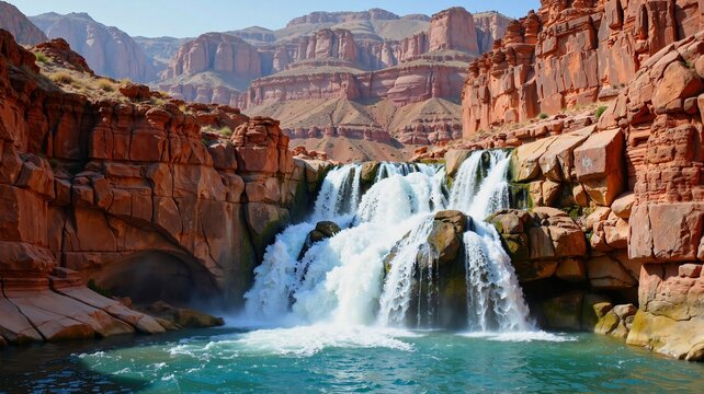 A stunning waterfall cascades down rugged cliffs into a turquoise pool below, surrounded by towering red rock formations in a vast canyon landscape - Powered by Adobe