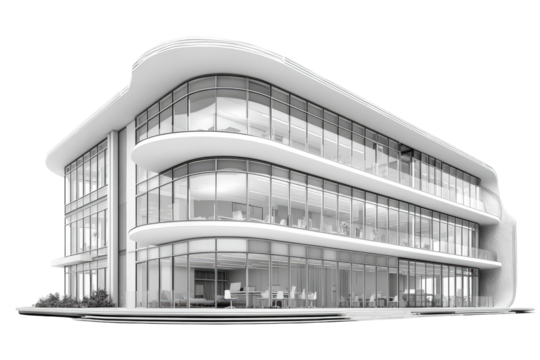 Modern, minimalist office building, grayscale