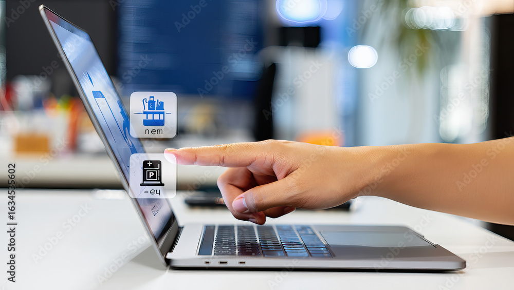 Poster Close-Up of Hand Interacting with Laptop Screen Displaying Application Options, Symbolizing Digital Navigation and User Choice in a Modern Workspace