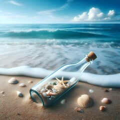 Seashells in a Glass Bottle on White Background.
