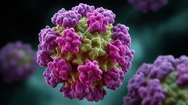 A detailed, colorful rendering of a Nipah virus , showcasing its unique structure with vibrant purple and green elements under a microscopic view.