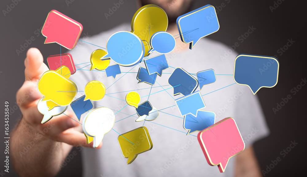Poster conceptual image of interconnected speech bubbles, symbolizing global communication and networking.