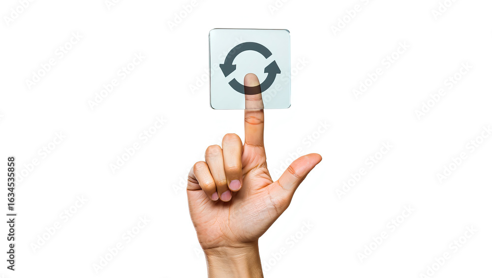 Poster close-up of a finger pressing a transparent button with a circular arrow icon against a clean white 