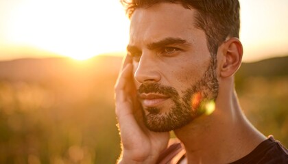 Pensive Man Touching Face at Golden Sunset