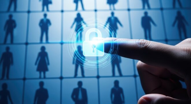 Fingerprint scan activates digital security lock over silhouettes of people representing data protection - Powered by Adobe