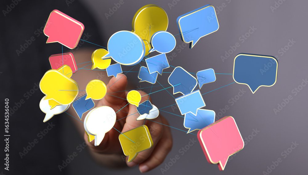 Poster abstract image of interconnected speech bubbles, representing global communication and networking.