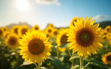 Fototapeta premium Vibrant Yellow Sunflower Field Under a Sunny Sky. High quality