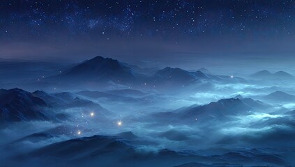 Misty mountain peaks under a starlit night sky