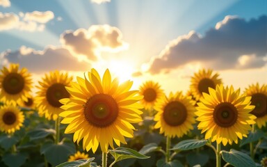 Fototapeta premium Vibrant Yellow Sunflower Field Under a Sunny Sky. High quality