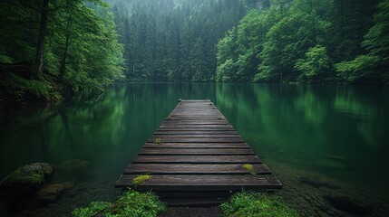 Tranquil wooden dock on a misty emerald lake, surrounded by lush forest