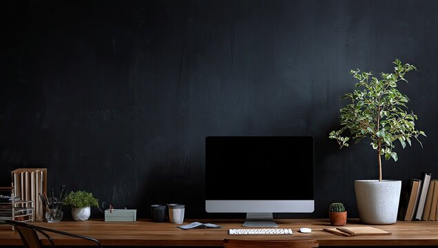 Minimalist workspace with desktop computer, potted plant, and wooden desk against a dark wall