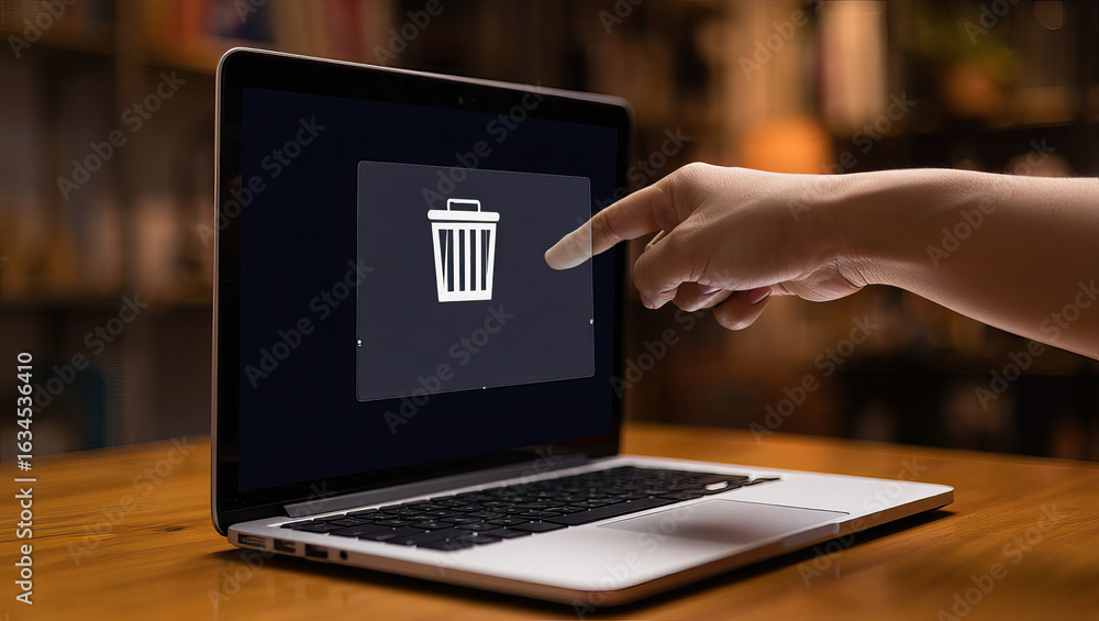 Poster digital deletion a person interacting with a laptop screen displaying a trash can icon representing 
