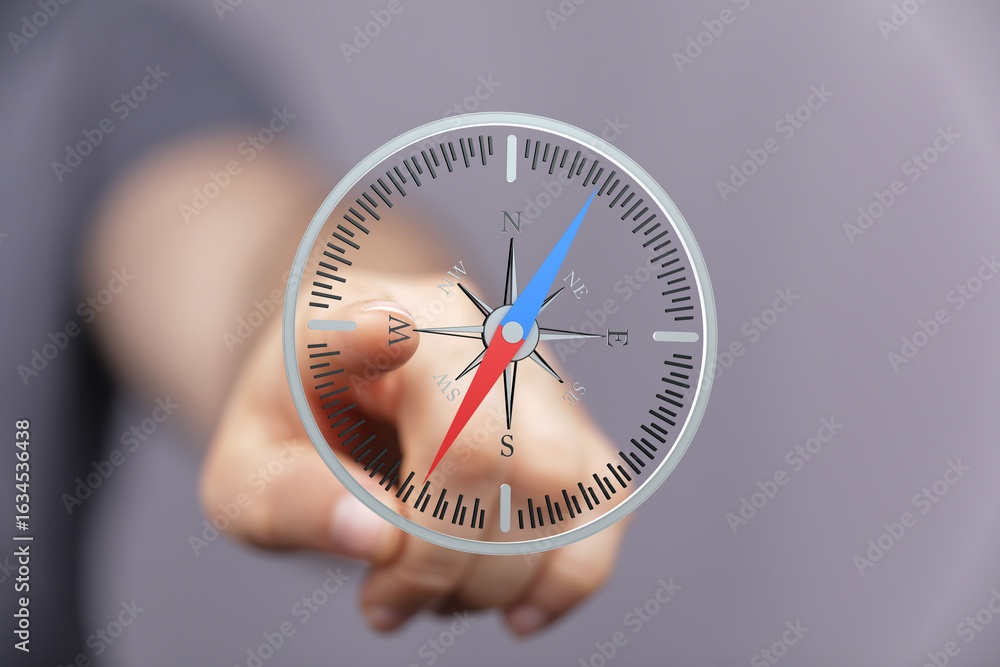 Poster seo-friendly image of a hand interacting with a digital compass, ideal for navigation, direction, an