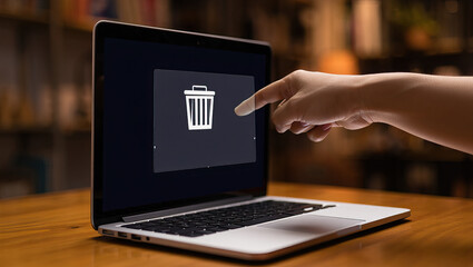 Digital Deletion A Person Interacting with a Laptop Screen Displaying a Trash Can Icon Representing Data Removal and Digital Waste Management