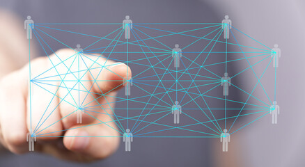 Hand pointing at a network graph, illustrating global digital connections and communication.