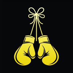 Bright yellow boxing gloves hanging by a yellow string tied in a bow on a black background Keywords: boxing gloves, boxing, sport, fighting