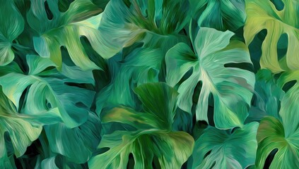 A vibrant, digital artwork featuring a dense cluster of tropical monstera leaves.  