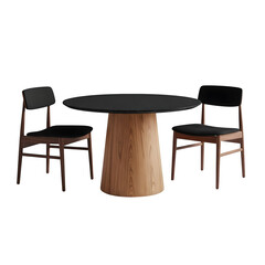 Elegant modern round dining table with two stylish black chairs, perfect for contemporary home or cafe interiors, offering sophisticated design.