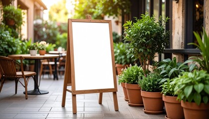Blank wooden A-frame sandwich board mockup on a sunny restaurant patio. Ideal for cafe menu or business advertisement display.