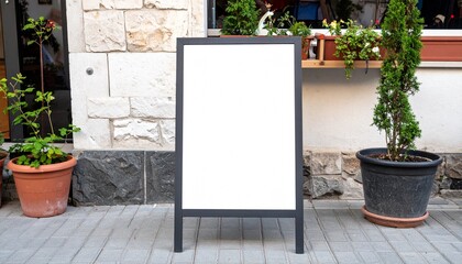 Blank white A-frame sign mockup on a paved street in front of a building with plants, ready for advertising.