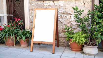 Blank wooden A-frame sign mockup standing on a sidewalk outside a cafe or restaurant entrance with potted plants.