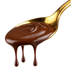 A close-up of rich chocolate sauce dripping from a shiny golden spoon against a black background, emphasizing its smooth texture and indulgent appeal.